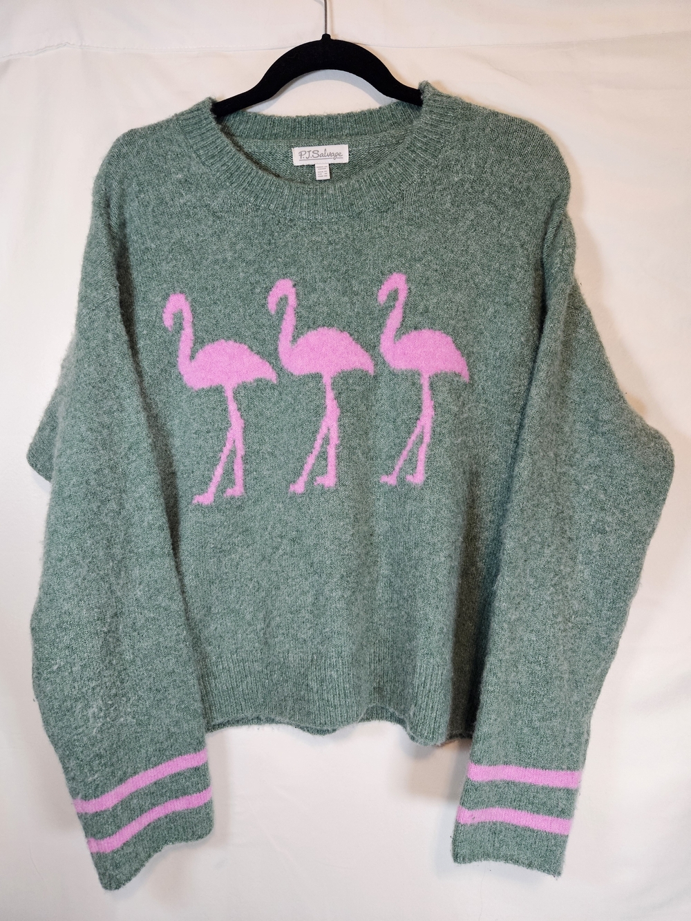 P.J. Salvage Mint Green Sweater with Pink Flamingo Trio